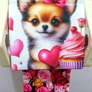 【1点物】 トイレットペーパーホルダー チワワ 犬 インテリア 雑貨 収納 薔薇 ハンドメイド 日用品 レア 生地 ハート リボン