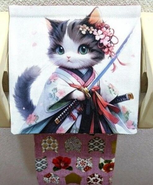 トイレットペーパーホルダー 猫 侍 女の子 日用品 収納 百花繚乱 ピンク レア ハンドメイド インテリア 雑貨 着物 和柄 猫耳
