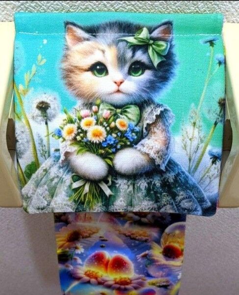 トイレットペーパーホルダー ハンドメイド 猫 幻想 インテリア 収納 雑貨 日用品 花柄 ドレス レア 生地 布 レディース 小物