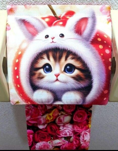 トイレットペーパーホルダー 猫 インテリア 雑貨 日用品 収納 花 薔薇 うさ耳 レア生地 ハンドメイド トイレ 動物 布 バラ