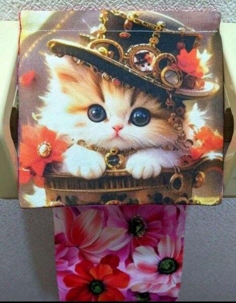 トイレ ペーパーホルダー 猫 スチームパンク インテリア 雑貨 日用品 収納 ハンドメイド ねこ 動物 花柄 フラワー ピンク 布