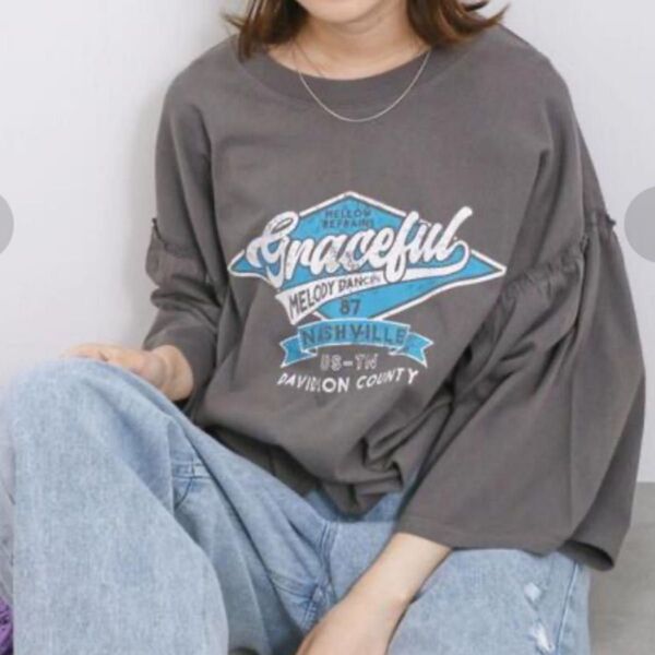 Samansa Mos2 blue フレアスリーブプリントTシャツ SM2