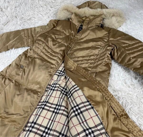 BURBERRY バーバリー ダウンコート フォックスファー ノバチェック ゴールド XL ロング ダウンジャケット