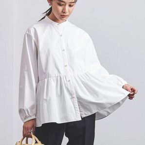 CパールモチーフギャザーブラウスB 長袖ブラウス ホワイト パールボタン S ペプラム