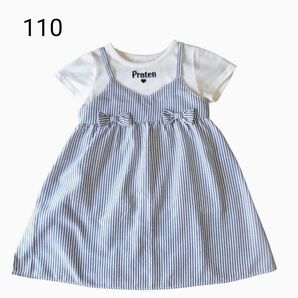 キッズ用 110 キャミワンピ風チュニックトップス|半袖カットソー付き ネイビー×白チュニック ロゴ入り白Tシャツ 2点セット
