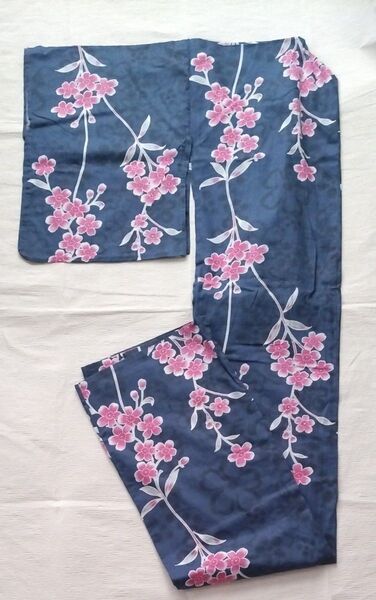 浴衣 綿100% クリーニング済 くすみブルー 洗える着物 バチ衿 古典柄 ミシン縫い 和服 和風 優しい紺色