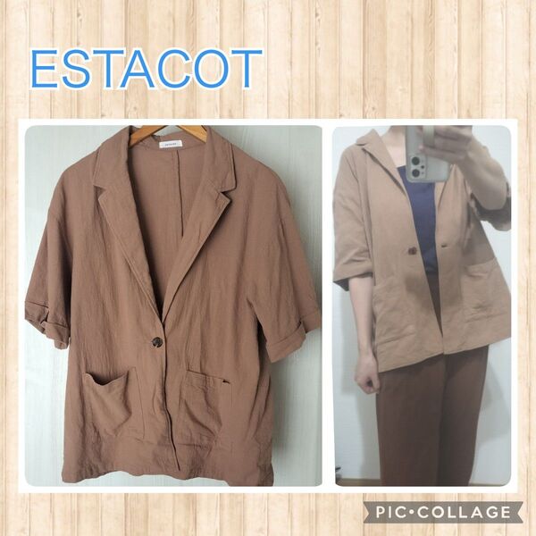 ESTACOT 麻混 テーラードジャケット 半袖 5分袖 夏 ブラウン
