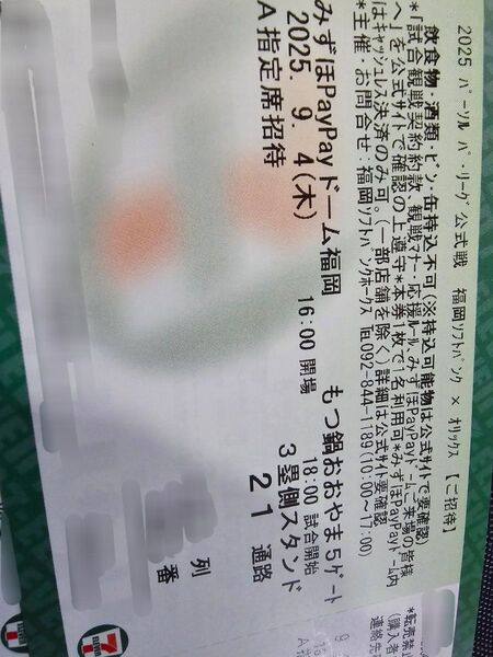 2025年9月4日(木)福岡ソフトバンクホークス VS オリックス3塁側 A指定席56列 通路側ペア