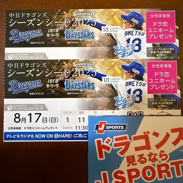 8月17日 中日ドラゴンズ 対 横浜DeNAベイスターズ プラチナシート