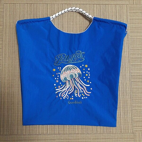 新品 D.KELLY 刺繍エコバッグ トートバッグ くらげ ナイロン M 青