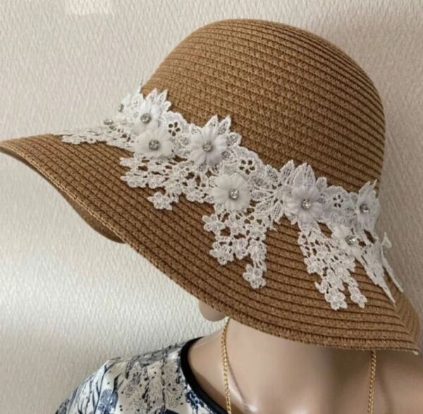 麦わら帽子 白花レース ハンドメイド ストローハット レース リボン 白 ホワイト レディース 大人女子
