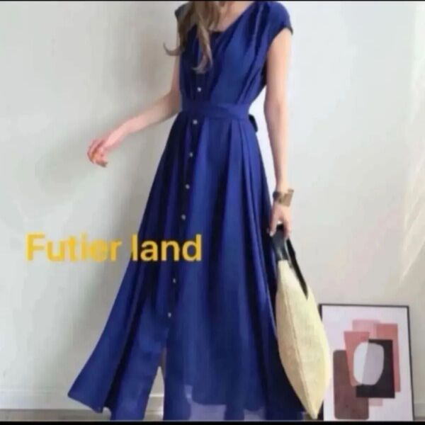 Futier land ノースリーブワンピース 青 ブルー Vネック 夏 半袖ロング マキシ丈フレンチスリーブロイヤルブルー