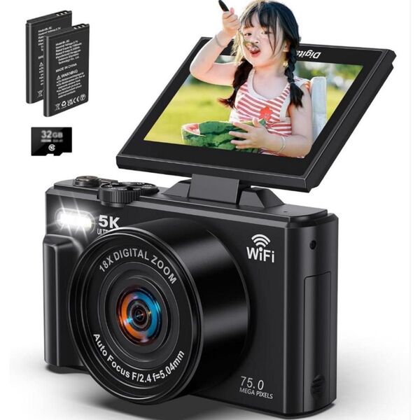 デジタルカメラ 5K録画 デジカメ 7500万画素 Wi-Fi機能 180度回転