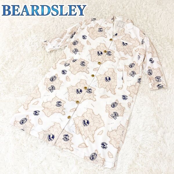【極美品】 BEARDSLEY ビアズリー 地図プリント柄 ライトコート ロングシャツ ワンピース ホワイト 半袖 七分袖 総柄