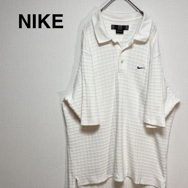 NIKE GOLF ホワイト 刺繍ロゴ チェック柄 ポロシャツ 半袖 綿100% ナイキ ゴルフウェア Lサイズ