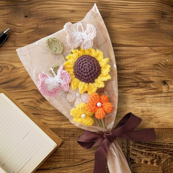 ちょうちょ付 ひまわりの花束 あみぐるみ 枯れないお花