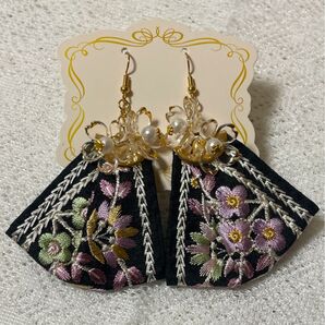 ハンドメイド インド刺繍リボン ピアス イヤリング