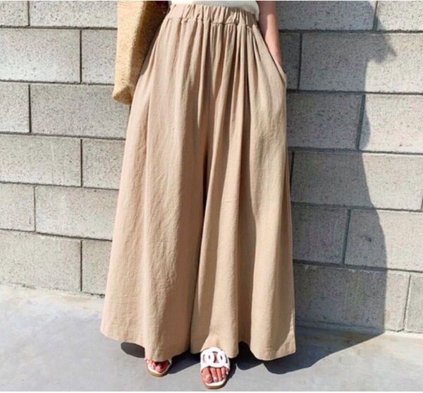 新品 ワイドパンツ レディース パンツ ワイド フレア カジュアル ベージュ ガウチョ クーポン利用可能