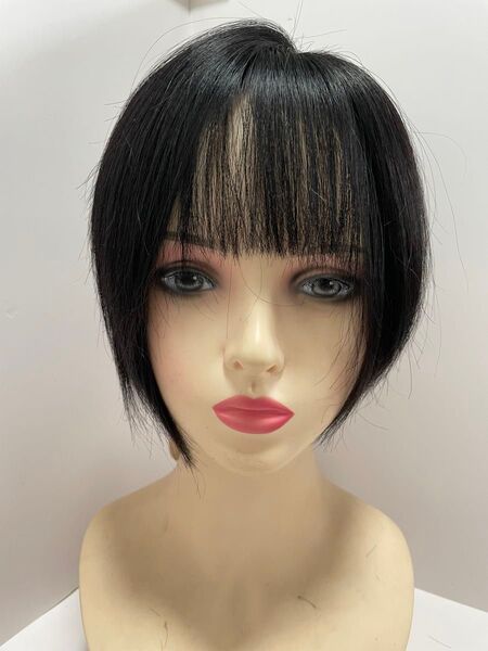フルウィッグ人毛ウィッグ医療ウィッグショートストレート広い人工皮膚 ナチュラルブラック