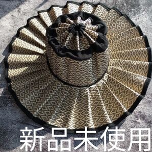 黒パイピング+菱形パターン■L■プリーツハット■新品未使用■最高級ハット■折りたたみ帽子■コンパクト 旅行 麦わら帽子