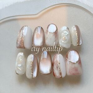 no.9 ニュアンスネイルチップ うるうるマグネットネイルとミラーネイル ベージュ 大理石 ブライダルネイル お呼ばれネイル