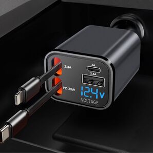 車シガーソケット4台同時充電可能 LED表示電圧 iphoneiPadなど対応