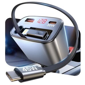 シガーソケット 車 充電器 三台同時充電 タイプc内蔵式伸縮ケーブル80cm付き