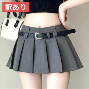 プリーツショートパンツ ベルト付き スカート ファッション グレー M 韓国 ファスナー ミニスカート 脚長 可愛い ショート丈