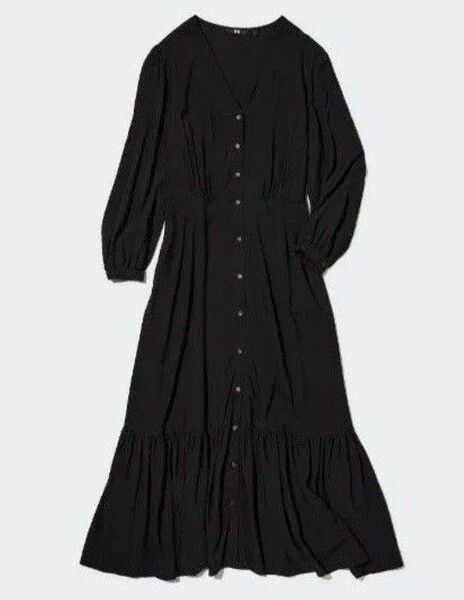 UNIQLO Vネック フレアワンピ 裾フリル マーメイド ロング ブラック