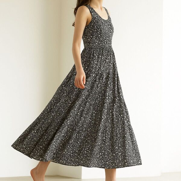 MARIHA 草原の虹のドレス 小花柄ロングワンピース モノトーン