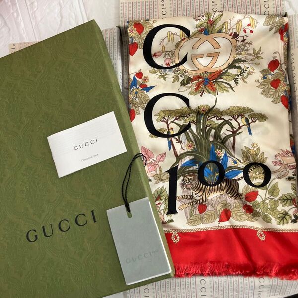 未使用 GUCCI グッチ 100周年記念 スカーフ シルク100% 花柄 総柄 タグ付き 箱あり 6920333G001