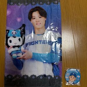 北海道日ハムファイターズ 山﨑福也 かわいいシリーズ タオル クロミ ファイターズガチャ いいねシリーズ 缶バッ