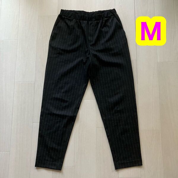 レディース Mサイズ ボトムス ロングパンツ 黒 ブラック 古着 ストライプ ストレッチ