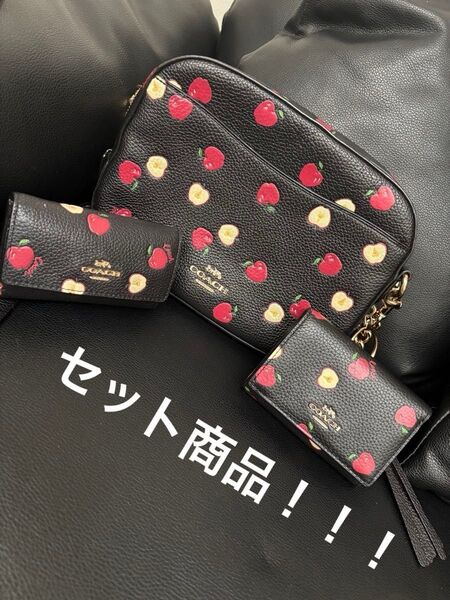 リンゴ柄のデザイン限定品COACHのショルダーバッグ。三つ折財布、キーケース。美品、早い者勝ち、セット売り
