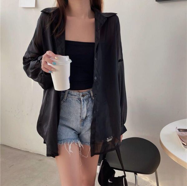 【ブラック】シアーシャツ UVカット シースルー 大人女子 サマー 韓国 長袖 透け感 韓国 紫外線対策 冷房対策 春夏秋