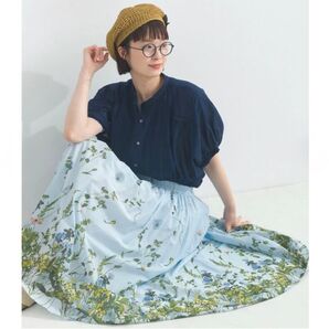 Lupilien ルピリアン コットンボイル パネルプリント 花柄&ペイズリー ギャザースカート インド綿 花柄 サックス