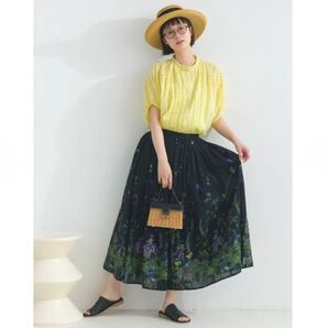 Lupilien ルピリアン コットンボイル パネルプリント 花柄&ペイズリー ギャザースカート インド綿 花柄 ブラック