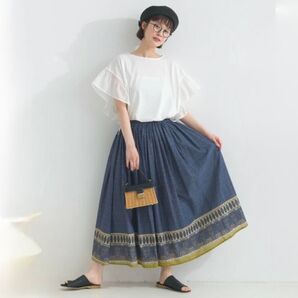 Lupilien ルピリアン コットンボイル パネルプリント 花柄&ペイズリー ギャザースカート インド綿 ペイズリー ブルー