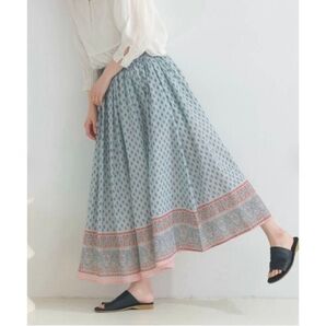 Lupilien ルピリアン コットンボイル パネルプリント 花柄&ペイズリー ギャザースカート インド綿 ペイズリー ミント