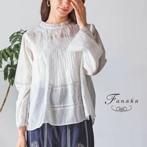 Fanaka ファナカ 25SS インド綿 リバーレース ヨークボタニカル刺繍 袖口レース ピンタック ブラウス 長袖 ホワイト