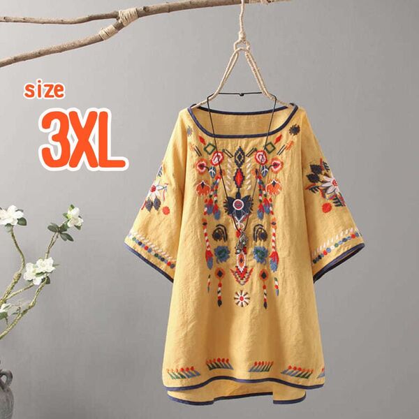 刺繍 チュニック ボヘミアン アジアン エスニック 大きめ プルオーバー レディース トップス 半袖 シャツ 黄色 3XL 花