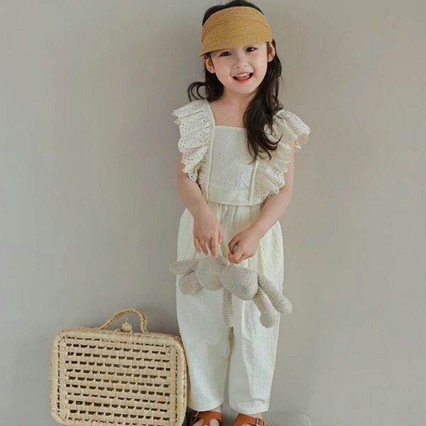 110 キッズ セットアップ 子供服 女の子 レース トップス 9分パンツ ベージュ