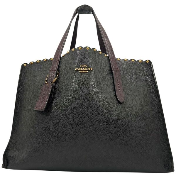 COACH コーチ トートバッグ レザー グリーン レッド バイカラー ゴールドスタッズ ロゴ A4収納 肩掛け