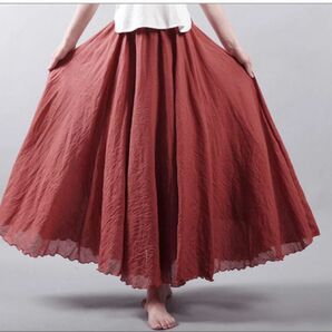 ロングスカート マキシ丈 コットン リネン ウエストゴム 涼しい ふんわり リゾート 無地 韓国 サイズLサイズ ライトブラウン