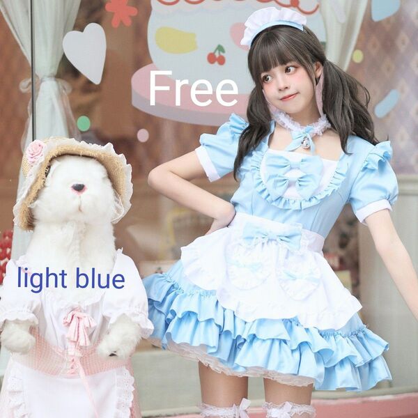 メイド 天使界隈 ブルー フリル ワンピース リボン コスプレ 半袖 ロリータ 原宿