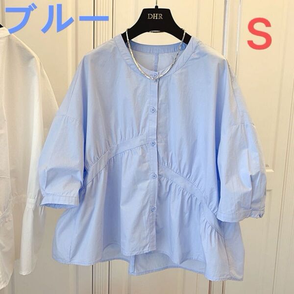 レディース トップス シャツ ぽわん袖 パフスリーブ ブラウス 半袖 ゆったり ブルー