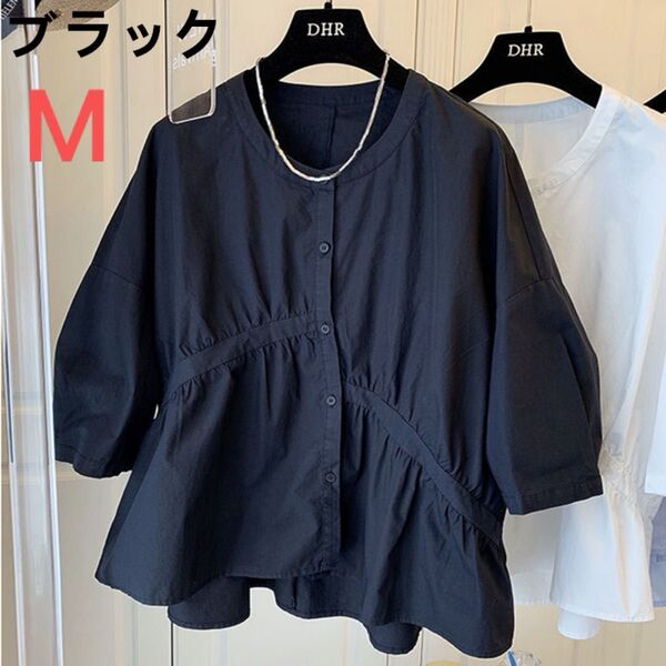 レディース トップス シャツ ぽわん袖 パフスリーブ ブラウス 半袖 ゆったり ブラック