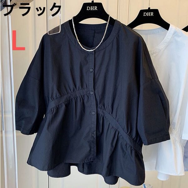 レディース トップス シャツ ぽわん袖 パフスリーブ ブラウス 半袖 ゆったり ブラック