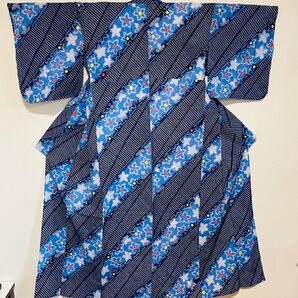 O3 レアデザイン◆トールサイズ◆高級 有松鳴海総絞り 総柄 斜めライン 浴衣 ネイビー 紺色 夏着物 綿100% 昭和レトロ