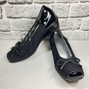 【美品】fitfit パンプス ウェッジ スクェアトゥ 黒 リボン ブラック 23.5cm